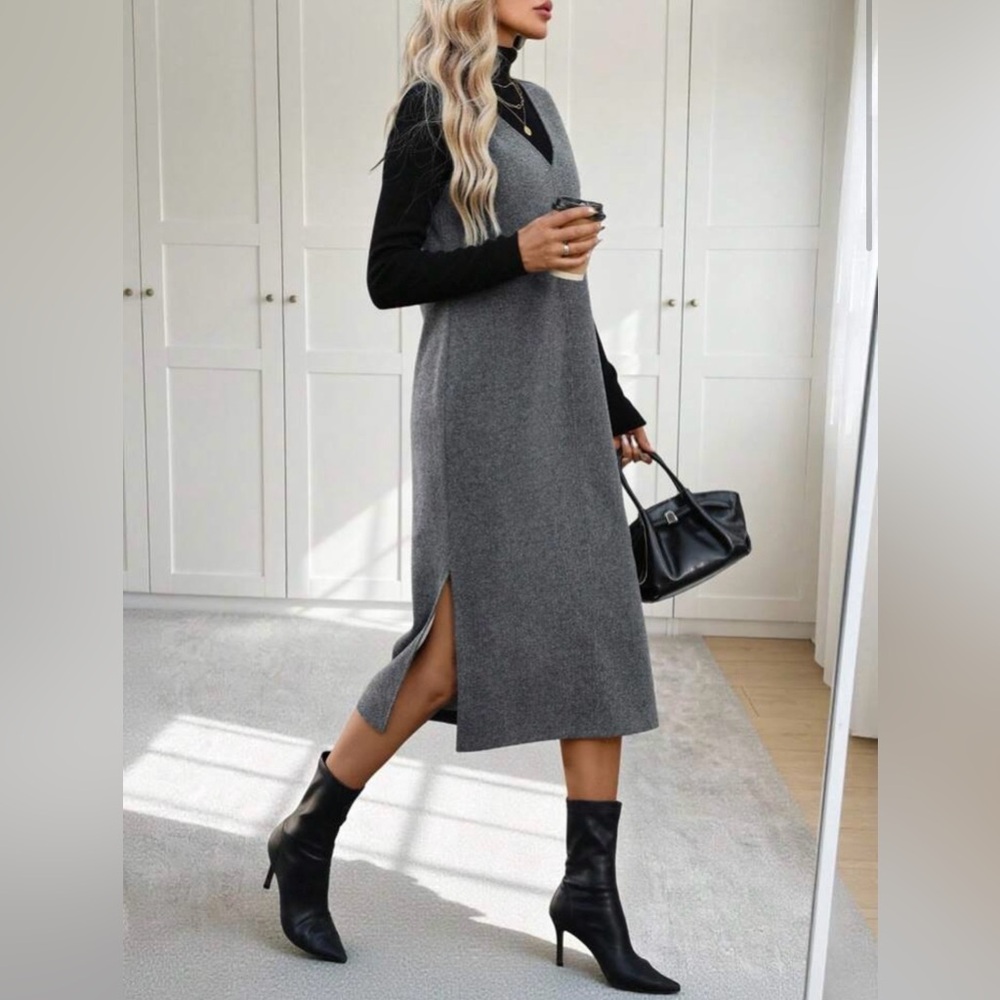 SHEIN Gray Midi Dress with Black Accents